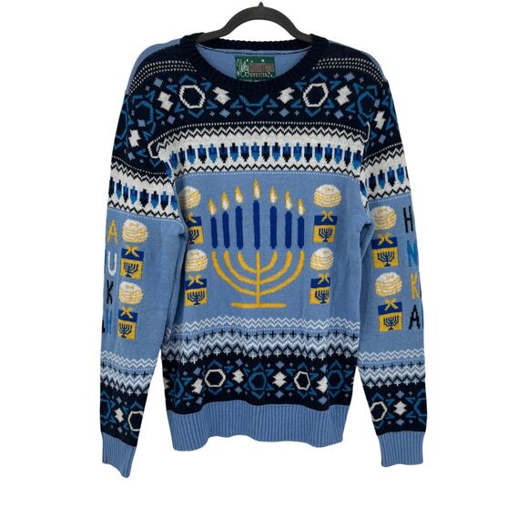 Ugly Christmas Sweater Men's Hanukkah Pullover Jacquard Knit Blue Medium - Picture 1 of 9